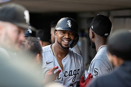 Aug 9, 2021; Minneapolis, Minnesota, USA; Chicago White Sox designed hitter Eloy Jimenez (74) celebrates after hitting three run home run against the Minnesota Twins during the second inning at Target Field. Mandatory Credit: Jordan Johnson-USA TODAY Sports