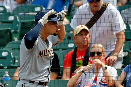 Aug 10, 2021; Chicago, Illinois, USA; Milwaukee Brewers shortstop Willy Adames (27) celebrates after hitting a home run during the fourth inning against the Chicago Cubs at Wrigley Field. Mandatory Credit: Jon Durr-USA TODAY Sports