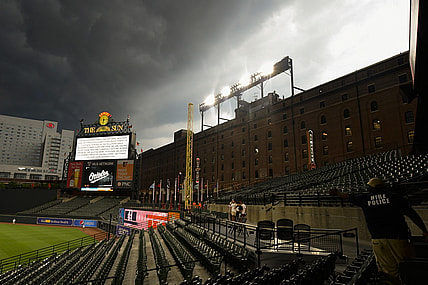 Aug 10, 2021; Baltimore, Maryland, USA; The game between Detroit Tigers and Baltimore Orioles has been delayed due to inclement  at Oriole Park at Camden Yards. Mandatory Credit: Tommy Gilligan-USA TODAY Sports