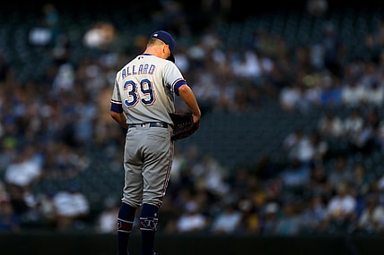 Aug 10, 2021; Seattle, Washington, USA; Texas Rangers starting pitcher Kolby Allard (39) stands on the mound during the second inning against the Seattle Mariners at T-Mobile Park. Mandatory Credit: Joe Nicholson-USA TODAY Sports