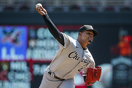 Aug 11, 2021; Minneapolis, Minnesota, USA; Chicago White Sox starting pitcher Reynaldo Lopez (40) throws to the Minnesota Twins in the first inning at Target Field. Mandatory Credit: Bruce Kluckhohn-USA TODAY Sports