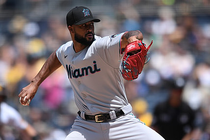 Aug 11, 2021; San Diego, California, USA; Miami Marlins starting pitcher Sandy Alcantara (22) throws a pitch against the San Diego Padres during the second inning at Petco Park. Mandatory Credit: Orlando Ramirez-USA TODAY Sports