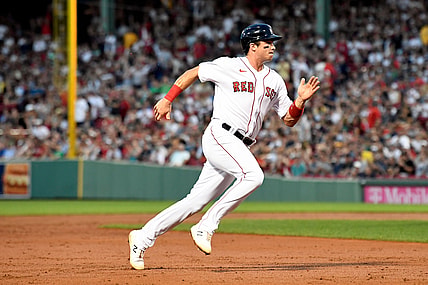 Aug 11, 2021; Boston, Massachusetts, USA; Boston Red Sox first baseman Bobby Dalbec (29) runs to third base after a double hit by center fielder Enrique Hernandez (not seen) during the second inning against the Tampa Bay Rays at Fenway Park. Mandatory Credit: Brian Fluharty-USA TODAY Sports
