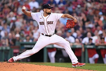 Aug 11, 2021; Boston, Massachusetts, USA; Boston Red Sox starting pitcher Nathan Eovaldi (17) pitches against the Tampa Bay Rays during the second inning at Fenway Park. Mandatory Credit: Brian Fluharty-USA TODAY Sports