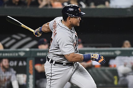 Aug 11, 2021; Baltimore, Maryland, USA;  Detroit Tigers first baseman Miguel Cabrera (24) singles during the third inning against the Baltimore Orioles at Oriole Park at Camden Yards. Mandatory Credit: Tommy Gilligan-USA TODAY Sports