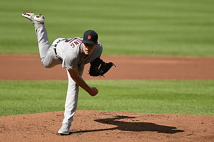 Aug 12, 2021; Baltimore, Maryland, USA;  Detroit Tigers starting pitcher Tarik Skubal (29) delivers a first inning pitch against the Baltimore Orioles at Oriole Park at Camden Yards. Mandatory Credit: Tommy Gilligan-USA TODAY Sports