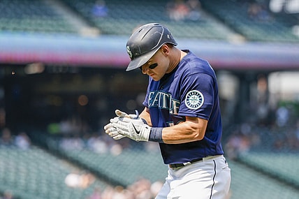 Aug 12, 2021; Seattle, Washington, USA; Seattle Mariners center fielder Jarred Kelenic (10) reacts after hitting a sacrifice fly against the Texas Rangers during the fourth inning at T-Mobile Park. Mandatory Credit: Joe Nicholson-USA TODAY Sports