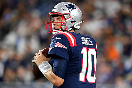 Aug 12, 2021; Foxborough, Massachusetts, USA; New England Patriots quarterback Mac Jones 10) throws the ball during a game against the Washington Football Team at Gillette Stadium. Mandatory Credit: Brian Fluharty-USA TODAY Sports