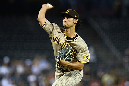 Aug 12, 2021; Phoenix, Arizona, USA; San Diego Padres pitcher Yu Darvish (11) throws against the Arizona Diamondbacks during the first inning at Chase Field. Mandatory Credit: Joe Camporeale-USA TODAY Sports
