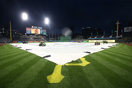 Aug 13, 2021; Pittsburgh, Pennsylvania, USA;  Continuing inclement weather forces the cancellation of the game between the Milwaukee Brewers and the Pittsburgh Pirates before the first pitch at PNC Park. Mandatory Credit: Charles LeClaire-USA TODAY Sports