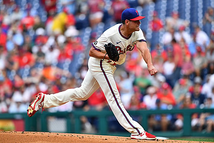 Aug 14, 2021; Philadelphia, Pennsylvania, USA; Philadelphia Phillies starting pitcher Matt Moore (48) throws a pitch in the first inning against the Cincinnati Reds at Citizens Bank Park. Mandatory Credit: Kyle Ross-USA TODAY Sports