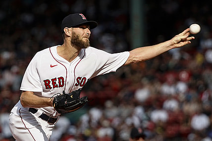 Aug 14, 2021; Boston, Massachusetts, USA; Boston Red Sox pitcher Chris Sale (41) delivers a pitch against the Baltimore Orioles during the first inning at Fenway Park. Mandatory Credit: Winslow Townson-USA TODAY Sports