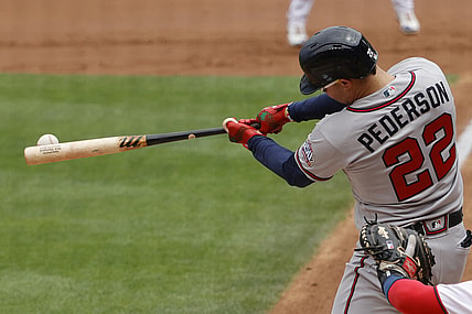 Aug 15, 2021; Washington, District of Columbia, USA; Atlanta Braves left fielder Joc Pederson (22) hits a double against the Washington Nationals in the second inning at Nationals Park. Mandatory Credit: Geoff Burke-USA TODAY Sports