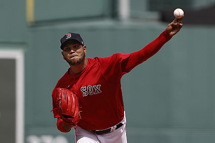 Aug 15, 2021; Boston, Massachusetts, USA; Boston Red Sox starting pitcher Eduardo Rodriguez (57) throws a pitch against the Baltimore Orioles during the first inning at Fenway Park. Mandatory Credit: Winslow Townson-USA TODAY Sports