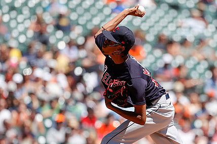 Aug 15, 2021; Detroit, Michigan, USA; Cleveland Indians starting pitcher Triston McKenzie (24) throws a pitch in the fourth inning against the Detroit Tigers at Comerica Park. Mandatory Credit: Rick Osentoski-USA TODAY Sports