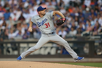 Aug 15, 2021; New York City, New York, USA; Los Angeles Dodgers starting pitcher Max Scherzer (31) pitches against the New York Mets during the first inning at Citi Field. Mandatory Credit: Brad Penner-USA TODAY Sports
