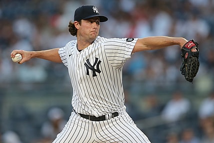 Aug 16, 2021; Bronx, New York, USA; New York Yankees starting pitcher Gerrit Cole (45) throws a pitch against the Los Angeles Angels during the first inning at Yankee Stadium. Mandatory Credit: Brad Penner-USA TODAY Sports