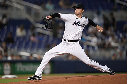 Aug 16, 2021; Miami, Florida, USA; Miami Marlins starting pitcher Braxton Garrett (60) delivers a pitch in the 1st inning against the Atlanta Braves at loanDepot park. Mandatory Credit: Jasen Vinlove-USA TODAY Sports
