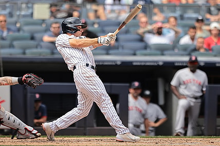 Aug 17, 2021; Bronx, New York, USA; New York Yankees shortstop Andrew Velazquez (71) hits a two RBI single against the Boston Red Sox during the second inning at Yankee Stadium. Mandatory Credit: Vincent Carchietta-USA TODAY Sports