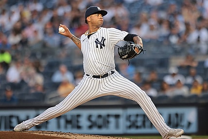 Aug 17, 2021; Bronx, New York, USA; New York Yankees starting pitcher Luis Gil (81) delivers a pitch during the second inning against the Boston Red Sox at Yankee Stadium. Mandatory Credit: Vincent Carchietta-USA TODAY Sports