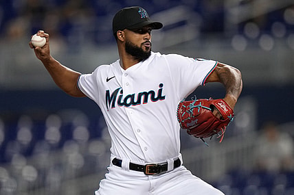 Aug 17, 2021; Miami, Florida, USA; Miami Marlins starting pitcher Sandy Alcantara (22) delivers a pitch in the 1st inning against the Atlanta Braves at loanDepot park. Mandatory Credit: Jasen Vinlove-USA TODAY Sports