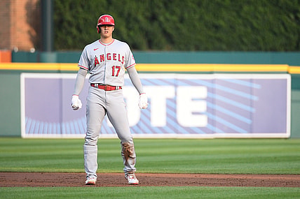 Aug 17, 2021; Detroit, Michigan, USA; Los Angeles Angels designated hitter Shohei Ohtani (17) during the first inning against the Detroit Tigers at Comerica Park. Mandatory Credit: Tim Fuller-USA TODAY Sports