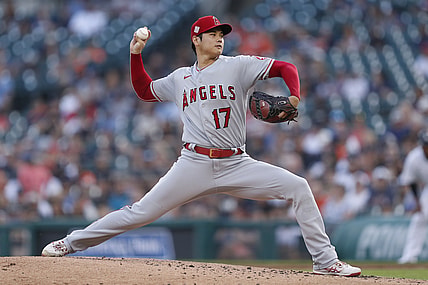 Aug 18, 2021; Detroit, Michigan, USA; Los Angeles Angels starting pitcher Shohei Ohtani (17) throws during the second inning against the Detroit Tigers at Comerica Park. Mandatory Credit: Raj Mehta-USA TODAY Sports