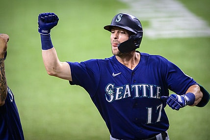 Aug 19, 2021; Arlington, Texas, USA; Seattle Mariners designated hitter Mitch Haniger (17) celebrates hitting a three run home run against the Texas Rangers during the second inning at Globe Life Field. Mandatory Credit: Jerome Miron-USA TODAY Sports