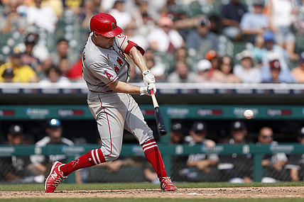Aug 19, 2021; Detroit, Michigan, USA; Los Angeles Angels third baseman Phil Gosselin (13) reaches first on this at bat during the sixth inning against the Detroit Tigers at Comerica Park. Mandatory Credit: Raj Mehta-USA TODAY Sports