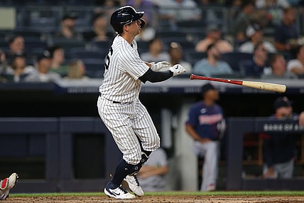 Aug 19, 2021; Bronx, New York, USA; New York Yankees catcher Kyle Higashioka (66) tosses his bat after hitting a two run home run against the Minnesota Twins during the fourth inning at Yankee Stadium. Mandatory Credit: Brad Penner-USA TODAY Sports