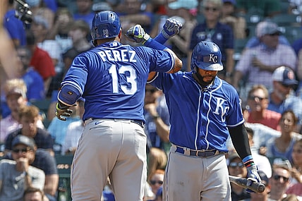 Aug 20, 2021; Chicago, Illinois, USA; Kansas City Royals catcher Salvador Perez (13) celebrates with first baseman Carlos Santana (41) after hitting a solo home run against the Chicago Cubs during the sixth inning at Wrigley Field. Mandatory Credit: Kamil Krzaczynski-USA TODAY Sports