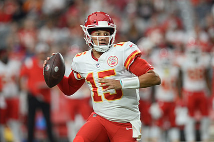 Aug 20, 2021; Glendale, Arizona, USA; Kansas City Chiefs quarterback Patrick Mahomes (15) drops back to pass during the first half against the Arizona Cardinals at State Farm Stadium. Mandatory Credit: Joe Camporeale-USA TODAY Sports