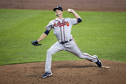 Aug 21, 2021; Baltimore, Maryland, USA; Atlanta Braves starting pitcher Drew Smyly (18) pitches against the Baltimore Orioles during the second inning at Oriole Park at Camden Yards. Mandatory Credit: Scott Taetsch-USA TODAY Sports