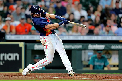 Aug 22, 2021; Houston, Texas, USA; Houston Astros center fielder Jake Meyers (6) hits a double to left field against the Seattle Mariners during the sixth inning at Minute Maid Park. Mandatory Credit: Erik Williams-USA TODAY Sports
