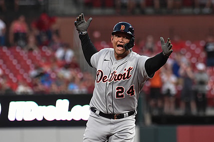 Aug 24, 2021; St. Louis, Missouri, USA; Detroit Tigers first baseman Miguel Cabrera (24) reacts after hitting a solo home run against the St. Louis Cardinals during the third inning at Busch Stadium. Mandatory Credit: Joe Puetz-USA TODAY Sports