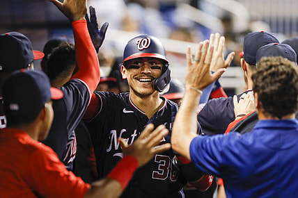 Aug 24, 2021; Miami, Florida, USA; Washington Nationals catcher Tres Barrera (38) celebrates with teammates after hitting a home run against the Miami Marlins during the fourth inning at loanDepot Park. Mandatory Credit: Sam Navarro-USA TODAY Sports