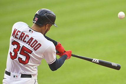Aug 25, 2021; Cleveland, Ohio, USA; Cleveland Indians left fielder Oscar Mercado (35) hits a solo home run in the second inning against the Texas Rangers at Progressive Field. Mandatory Credit: David Richard-USA TODAY Sports