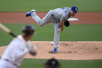Aug 26, 2021; San Diego, California, USA; Los Angeles Dodgers starting pitcher Max Scherzer (31) throws a pitch against the San Diego Padres during the first inning at Petco Park. Mandatory Credit: Orlando Ramirez-USA TODAY Sports