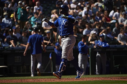 Aug 28, 2021; Seattle, Washington, USA;  Kansas City Royals catcher Salvador Perez (13) celebrates after hitting a two run home run in the fifth inning against the Seattle Mariners at T-Mobile Park. Mandatory Credit: Troy Wayrynen-USA TODAY Sports