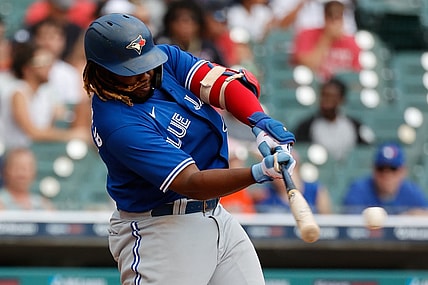 Aug 29, 2021; Detroit, Michigan, USA;  Toronto Blue Jays designated hitter Vladimir Guerrero Jr. (27) hits a single against the Detroit Tigers at Comerica Park. Mandatory Credit: Rick Osentoski-USA TODAY Sports
