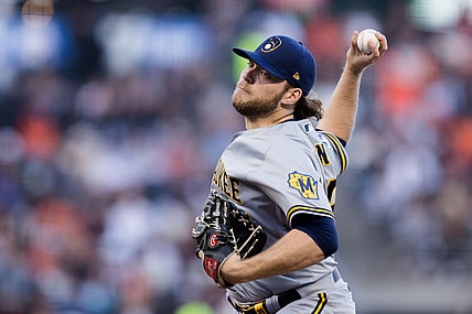 Aug 30, 2021; San Francisco, California, USA;  Milwaukee Brewers starting pitcher Corbin Burnes (39) throws against the San Francisco Giants in the first inning at Oracle Park. Mandatory Credit: John Hefti-USA TODAY Sports