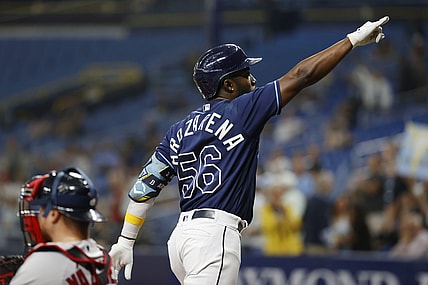Aug 31, 2021; St. Petersburg, Florida, USA; Tampa Bay Rays left fielder Randy Arozarena (56) celebrates after hitting a home run against the Boston Red Sox during the second inning at Tropicana Field. Mandatory Credit: Kim Klement-USA TODAY Sports
