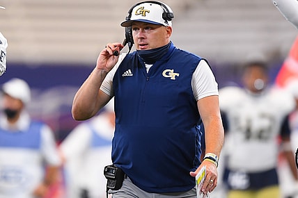 Sep 26, 2020; Syracuse, New York, USA; Georgia Tech Yellow Jackets head coach Geoff Collins looks on against the Syracuse Orange during the fourth quarter at the Carrier Dome. Mandatory Credit: Rich Barnes-USA TODAY Sports