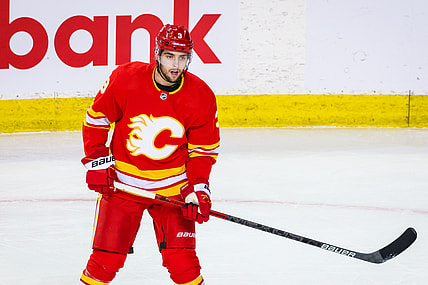 Feb 19, 2021; Calgary, Alberta, CAN; Calgary Flames defenseman Connor Mackey (3) skates against the Edmonton Oilers during the first period at Scotiabank Saddledome. Mandatory Credit: Sergei Belski-USA TODAY Sports