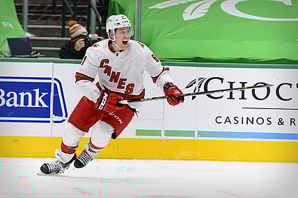 Feb 13, 2021; Dallas, Texas, USA; Carolina Hurricanes defenseman Jake Gardiner (51) in action during the game between the Dallas Stars and the Carolina Hurricanes at the American Airlines Center. Mandatory Credit: Jerome Miron-USA TODAY Sports