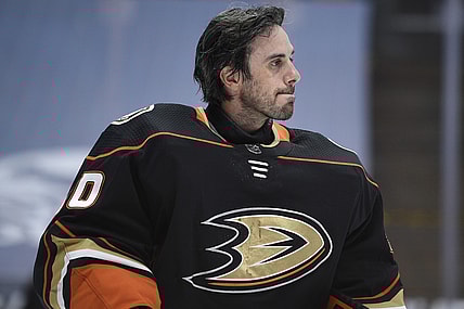 Mar 20, 2021; Anaheim, California, USA; Anaheim Ducks goalie Ryan Miller (30) looks on during a break in play in the first period against the Arizona Coyotes at Honda Center. Mandatory Credit: Kelvin Kuo-USA TODAY Sports