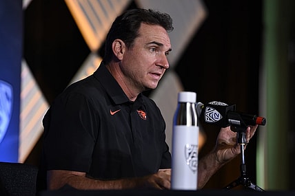 Jul 27, 2021; Hollywood, CA, USA; Oregon State Beavers head coach Jonathan Smith speaks with the media during the Pac-12 football Media Day at the W Hollywood. Mandatory Credit: Kelvin Kuo-USA TODAY Sports