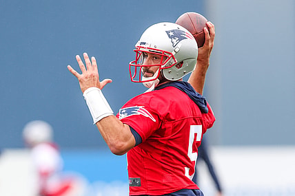 Jul 28, 2021; Foxborough, MA, United States; New England Patriots quarterback Brian Hoyer (5) during training camp at Gillette Stadium. Mandatory Credit: Paul Rutherford-USA TODAY Sports