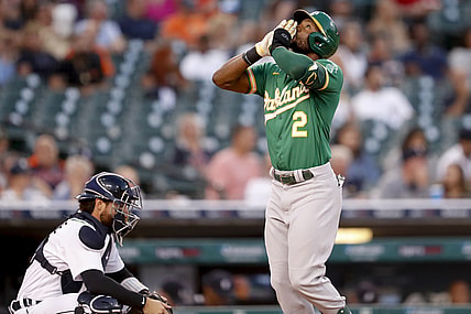 Sep 1, 2021; Detroit, Michigan, USA; Oakland Athletics center fielder Starling Marte (2) reacts as he reaches home plate after hitting a solo home run during the fourth inning against the Detroit Tigers at Comerica Park. Mandatory Credit: Raj Mehta-USA TODAY Sports
