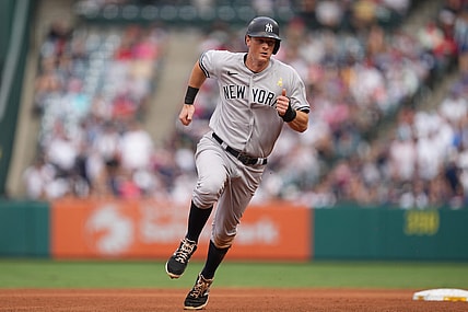 Sep 1, 2021; Anaheim, California, USA; New York Yankees second baseman DJ LeMahieu (26) runs toward third base in the third inning against the Los Angeles Angels at Angel Stadium. Mandatory Credit: Kirby Lee-USA TODAY Sports
